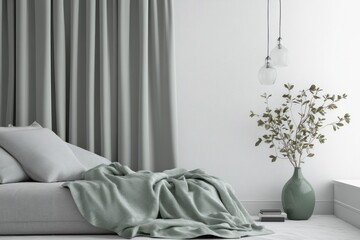 Minimalist bedroom interior with sage green bedding, curtains, and vase.