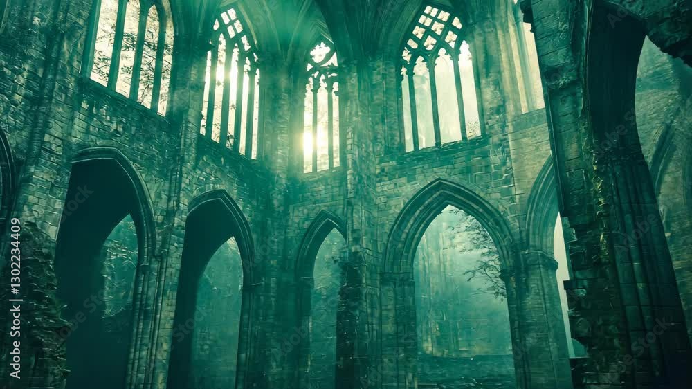 Poster ruins of an ancient cathedral illuminated by soft light filtering through broken windows in a misty 