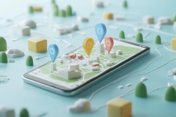 interactive local seo illustration showing smartphone with 3d google maps pins highlighting small businesses, surrounded by floating search keywords and location-based metrics