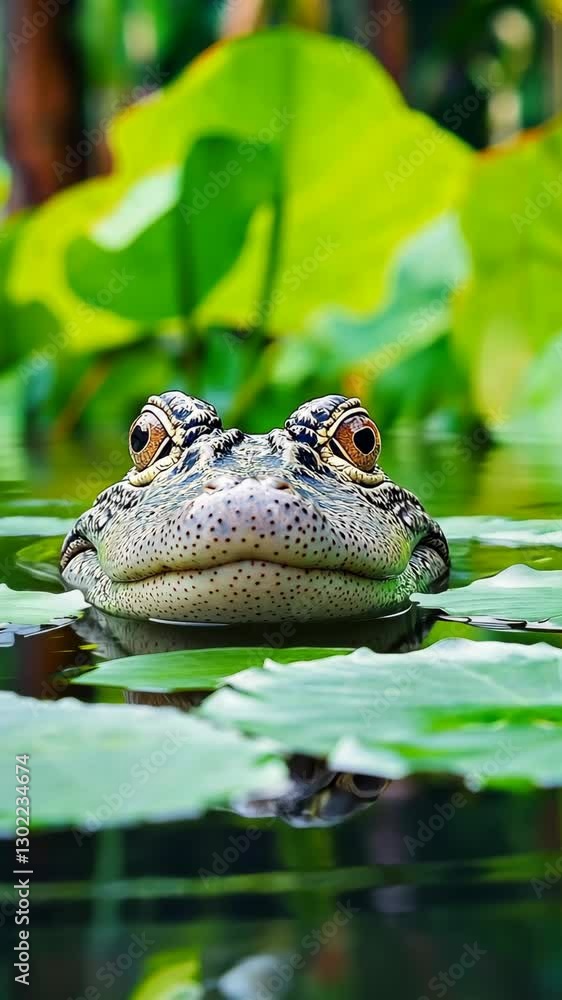 Aufkleber close-up view of a frog resting on lily pads in a serene pond surrounded by lush greenery during day