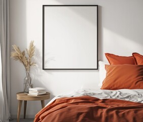 Mockup of empty frame in minimalist bedroom.