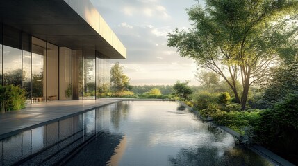 A majestic building's reflection dances on still waters, mirroring the serene surroundings with ethereal grace