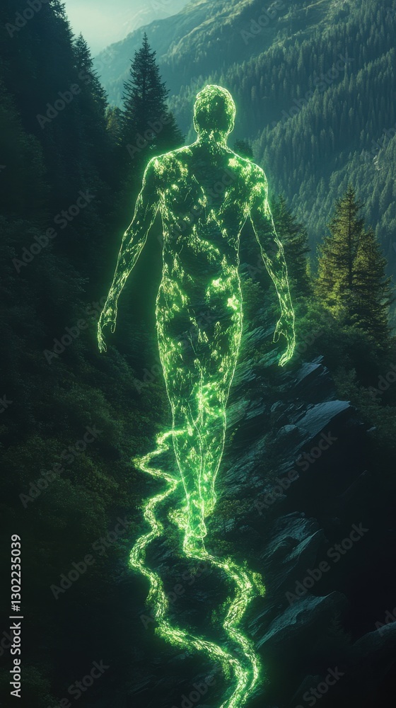 Aufkleber man walking through a forest with a glowing outline surrounded by nature and mountains in the backgr