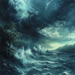 Obraz premium Dark storm approaches ocean shore as waves crash under ominous clouds during twilight