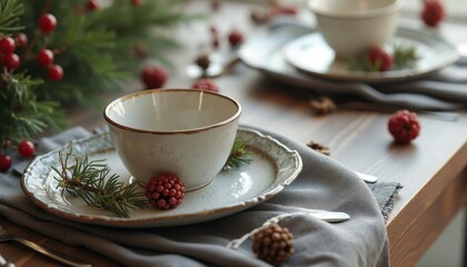 Fototapeta premium Cinematic setting with elegantly arranged table featuring seasonal decor and fine dining elements