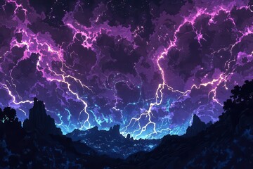 lightning storm with electric tendrils branching across night sky, manga-style energy effects, vibrant purple and electric blue colors, dramatic contrast with silhouetted landscape