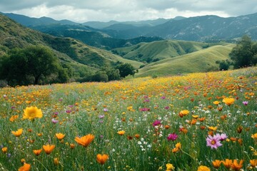 Obraz premium Charming wildflower meadow featuring vibrant blossoms under natural sunlight for peaceful outdoor retreats and tranquility themes