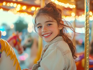 Obraz premium Enchanting carousel horse ride with joyful girl, colorful merrygoround, magical carnival, exciting amusement park fun for children