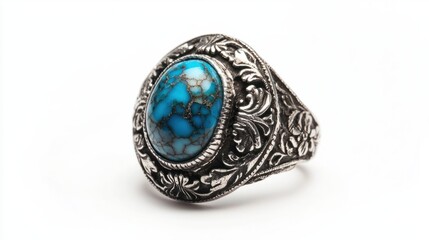 Naklejka premium Vintage Silver Ring with Turquoise Gemstone and Intricate Design