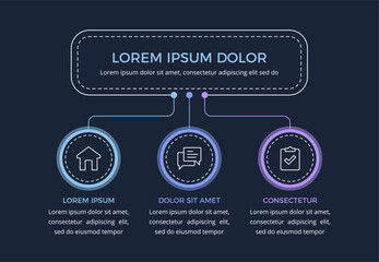 Minimalistic flow chart infographic template with 3 elements, dark background, vector eps10 illustration