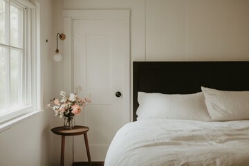 Minimalist bedroom interior with white bedding, dark headboard, and flowers.