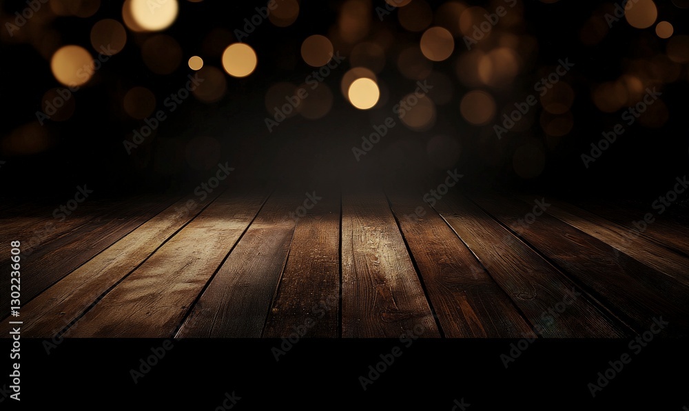Poster blurred background of an empty table in a bar at night with bokeh lights. simple blurred dark brown 