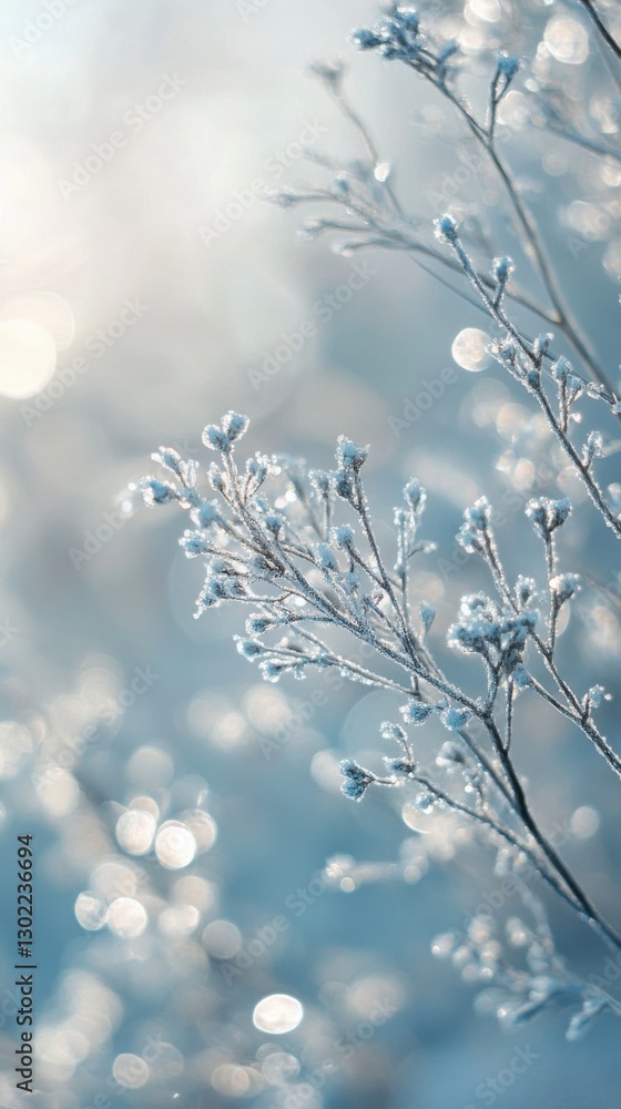 Poster delicate frozen branches shining in an ethereal icy gradient background during winter's early mornin