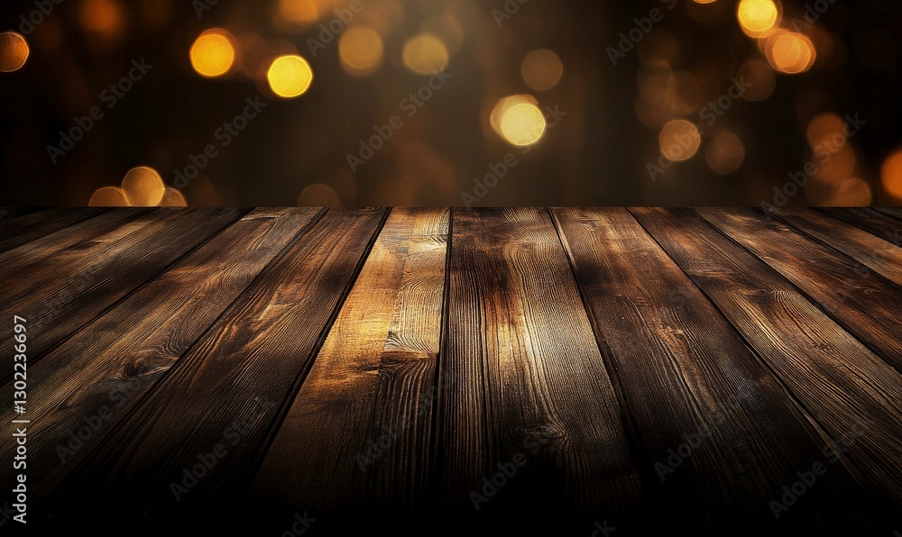 Poster blurred background of an empty table in a bar at night with bokeh lights. simple blurred dark brown 