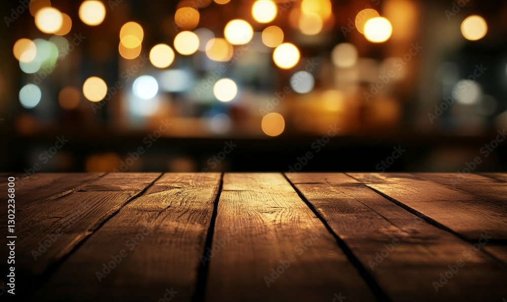 Poster blurred background of an empty table in a bar at night with bokeh lights. simple blurred dark brown 