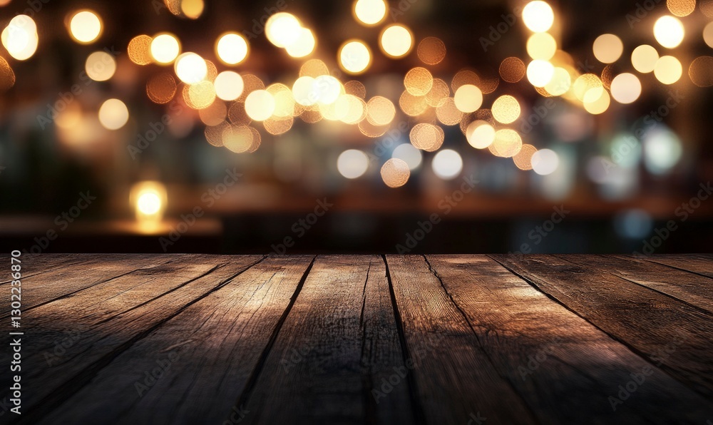 Poster blurred background of an empty table in a bar at night with bokeh lights. simple blurred dark brown 