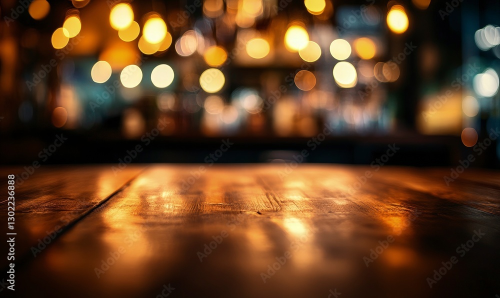 Poster blurred background of an empty table in a bar at night with bokeh lights. simple blurred dark brown 