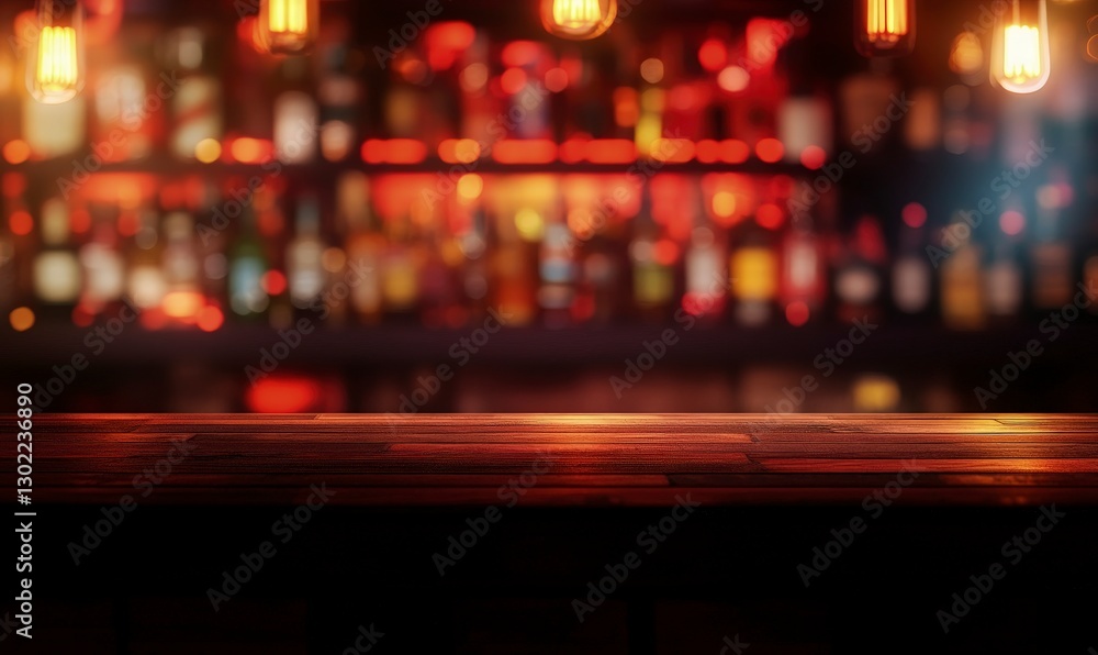 Poster blurred background of an empty table in a bar at night with bokeh lights. simple blurred dark brown 
