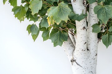White birch tree isolated on a white background. Close up.
