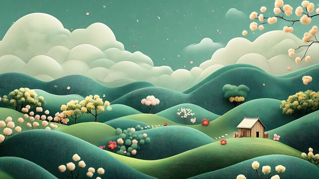 Dreamy Springtime Cottage in a 3D Rendered Landscape AI Generated