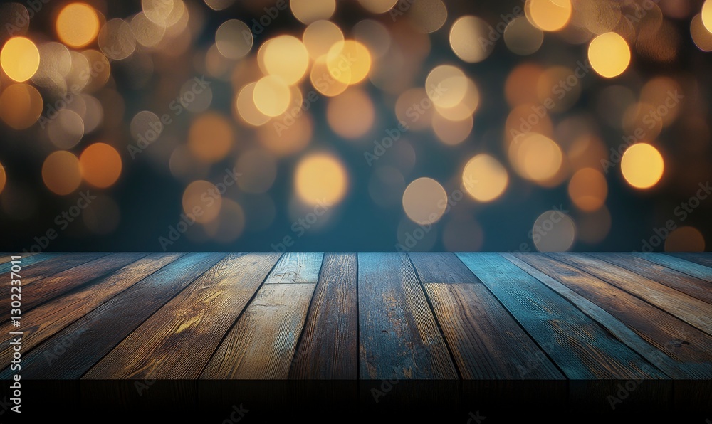 Poster blurred background of an empty table in a bar at night with bokeh lights. simple blurred dark brown 
