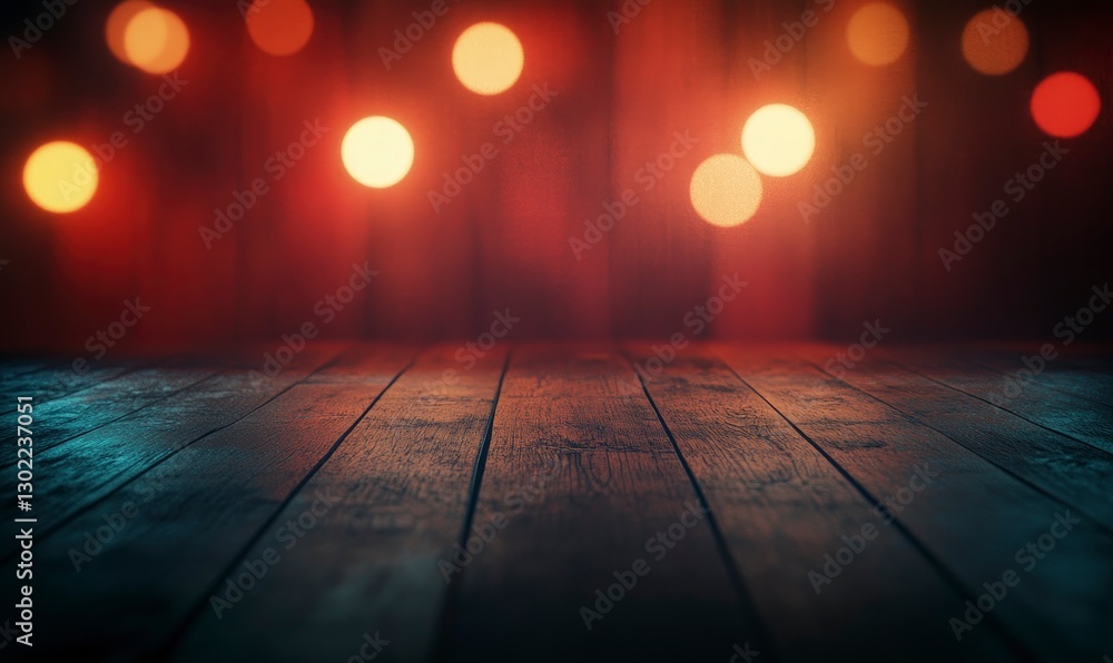 Poster blurred background of an empty table in a bar at night with bokeh lights. simple blurred dark brown 