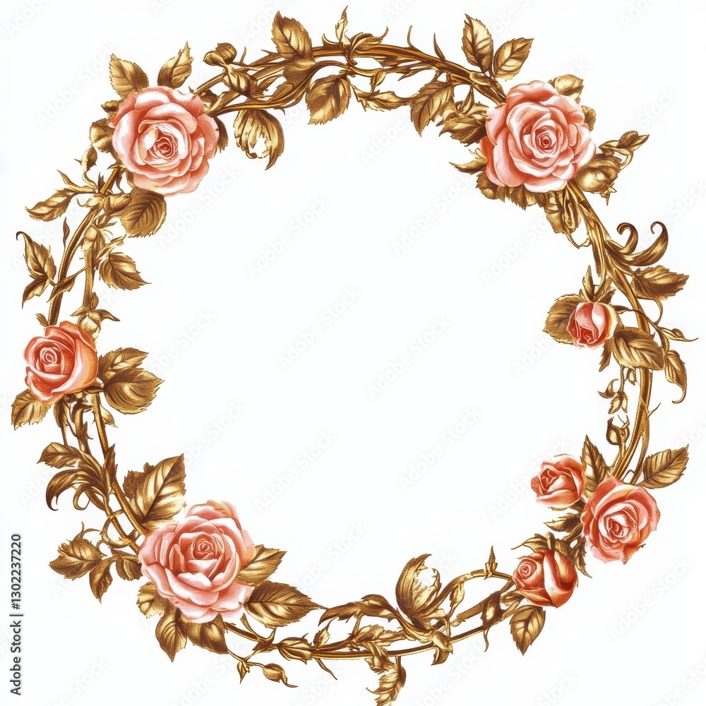 Poster decorative circular frame featuring pink roses and golden leaves in intricate design for artistic ap