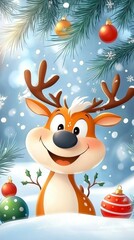 Happy Christmas Reindeer in Snowy Scene