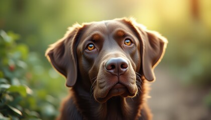 Captivating gaze of a Labrador retriever in a serene woodland setting during golden hour