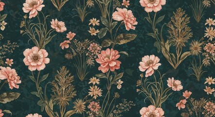 "Intricate Floral Pattern with Pink and Peach Blossoms – Vintage Botanical Illustration on Dark Teal Background, Romantic and Whimsical Design"