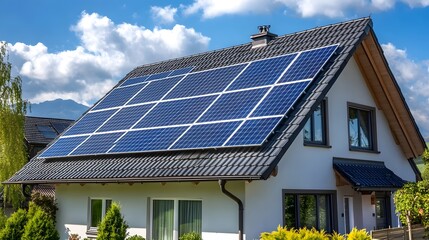 Fototapeta premium Aerial View of Suburban Home with Integrated Solar Rooftop System for Sustainable Living
