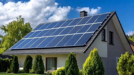 Fototapeta premium Aerial View of Suburban Home with Integrated Solar Rooftop System for Sustainable Living