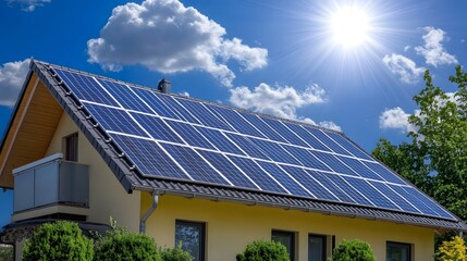Fototapeta premium Modern House with Sleek Solar Panels Harnessing Renewable Energy Under Bright Blue Sky