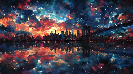 Cityscape, starry night, bridge reflection