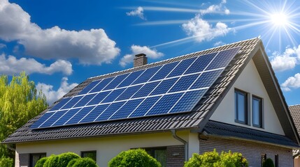 Fototapeta premium Aerial View of a Suburban Home with a Fully Integrated Solar Rooftop System