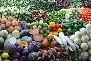 vegetables and fruits showcasing on market