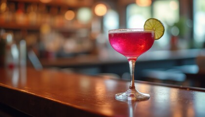 Cinematic view of a vibrant pin dev cocktail on a rustic bar counter in a cozy lounge setting during evening hours