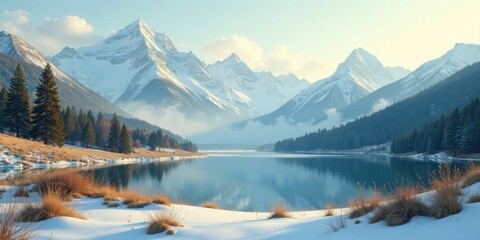 Serene Winter Landscape Majestic snow-capped mountains reflected in a tranquil, icy lake, surrounded by evergreen forests and a snowy shoreline, bathed in soft morning light.