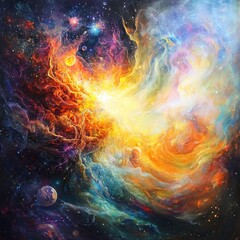 Fototapeta premium Colorful cosmic nebula with swirling gases and distant planets in deep space