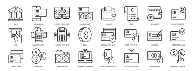 Set of collection line icons related payment, finance, money, currency. Editable stroke. Perfect pixel on transparent background