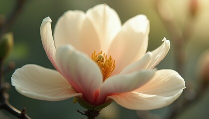 Cinematic capture of a delicate Magnolia blossom illuminated by soft sunlight in a serene garden setting