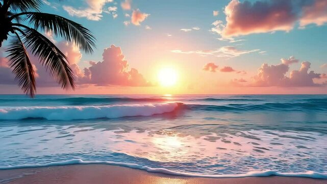 Tropical beach sunrise with palm tree silhouette, calm ocean waves, vibrant sky colors and golden sunlight&mdash;ideal for animation backgrounds, summer vacation promos, or peaceful travel scenes.