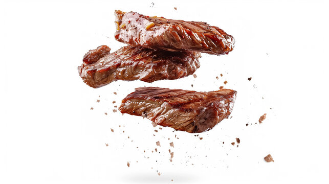 Delicious Beef steaks flying on white background. barbeque beef meat steaks motion barbecue concept. flying fast food isolated on white abstract background 
