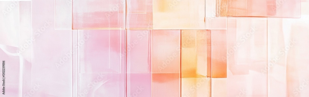 Poster grid fragments in soft pastel peach and lavender hues create a tranquil, abstract layout