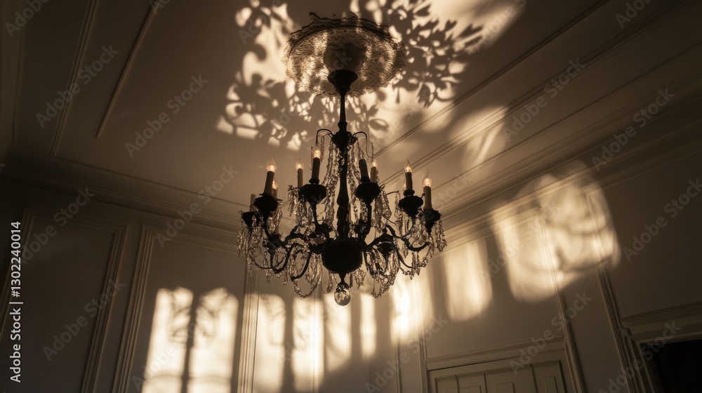 Poster elegant dining area highlighted by a stunning chandelier casting intricate shadows on the ceiling at
