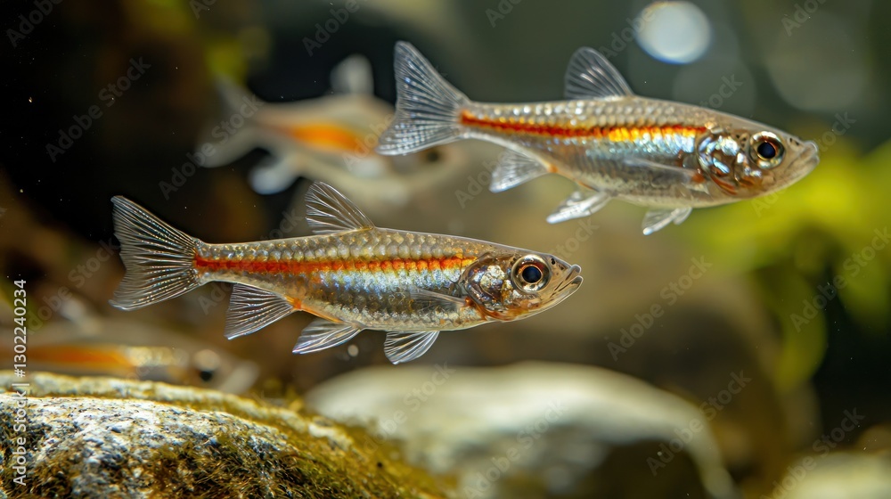 Poster a small group of brook sticklebacks darting around underwater rocks in a gentle stream.