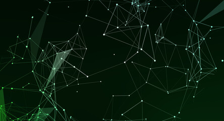 Abstract digital network connection with dots and lines on dark green background