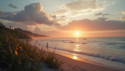 Fototapeta premium Cinematic view of a tranquil coastline at sunset with gentle waves and soft clouds reflecting warm colors