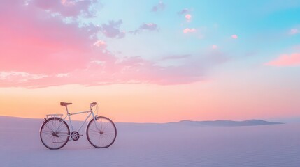Obraz premium A bicycle resting on the soft sand with a soft pink and blue sunset sky in the background 