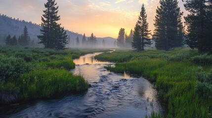 Fototapeta premium A calming brook flowing gently through a meadow at sunrise, with soft mist in the air.